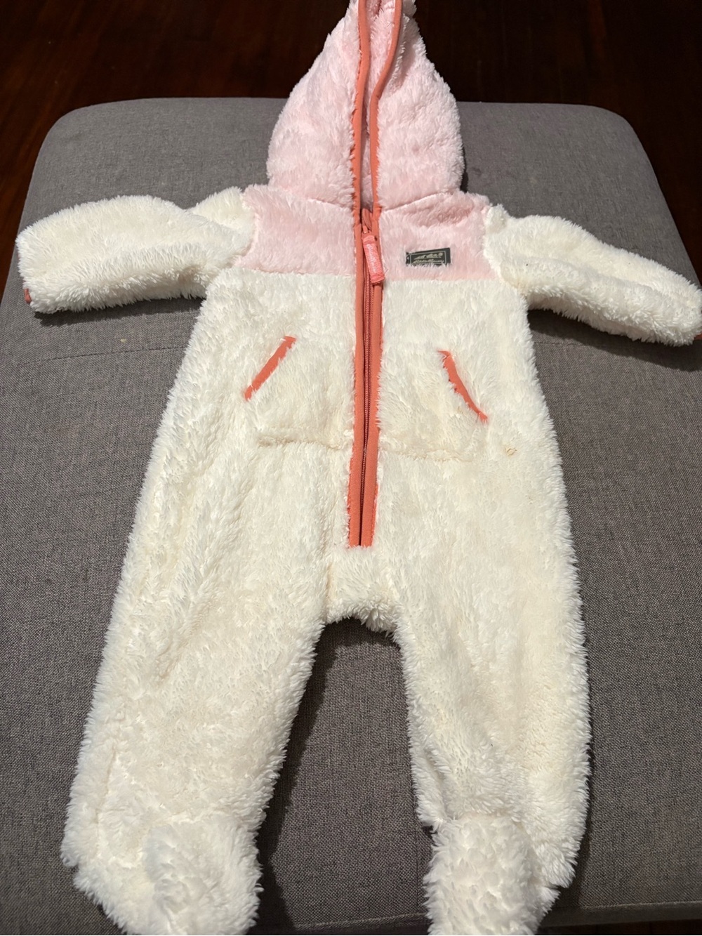 Eddie Bauer Cream and Pink Plush Hooded Baby One-Piece